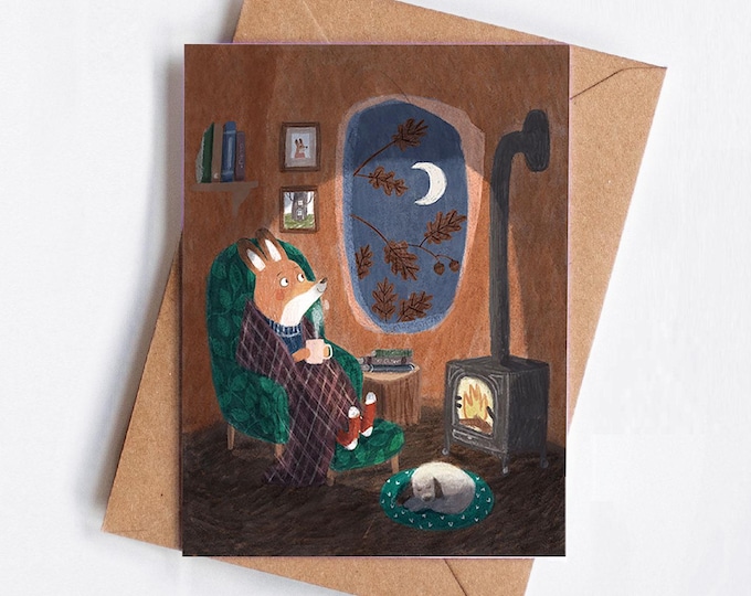 Art print | Illustration of a fox in its den by the fire