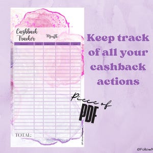 Op de afbeelding: Een printbaar roze en paars aquarelontwerp met een tabel om cashback bij te houden. De tabel heeft kolommen voor product, prijs, hoeveelheid, commissie en verdiend. De tekst "Cashback Tracker" en "Month" staan bovenaan de tabel. De tekst "Keep track of all your cashback actions" staat in paarse tekst rechtsboven in de afbeelding.