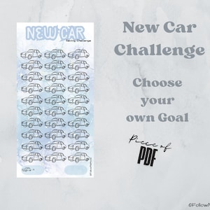 Op de afbeelding: Een printbare New Car Saving Challenge-tracker met 30 auto-iconen. De tracker is ontworpen om je te helpen geld te sparen voor een nieuwe auto. De tekst op de tracker zegt "New Car Saving Challenge" en "Choose your own Goal".