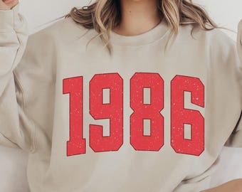 Vintage 1986 Sweatshirt, 1986 College Style Number Sweater, 1986 Birthday Year Number Sweat Shirts For Women, Pink 40th Birthday Sweatshirt