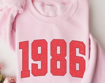 Vintage 1986 Sweatshirt, 1986 College Style Number Sweater, 1986 Birthday Year Number Sweat Shirts For Women, Pink 40th Birthday Sweatshirt