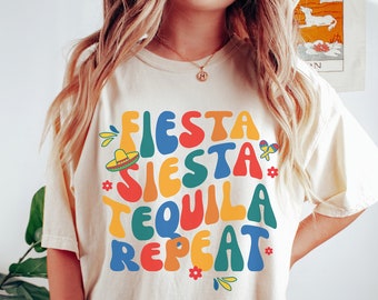 Retro Cinco De Mayo Bachelorette Party Shirts For Women, Final Fiesta Siesta Tequila Repeat Comfort Colors Shirt, Groovy Mexico Bachelorette