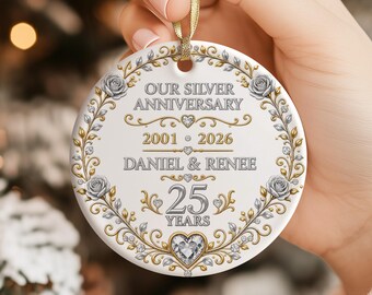 25th Anniversary Christmas Ornament, Custom Silver Wedding Anniversary Gift for Husband Wife, 25 Year of Marriage Gift 25th Wedding Keepsake
