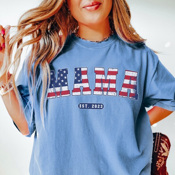 Retro USA Flag Mama Established 2023 Shirt, 4th Of July Pregnancy Announcement Shirt, New Mom Est 2023 Fourth Of July Shirt, Expecting Tee