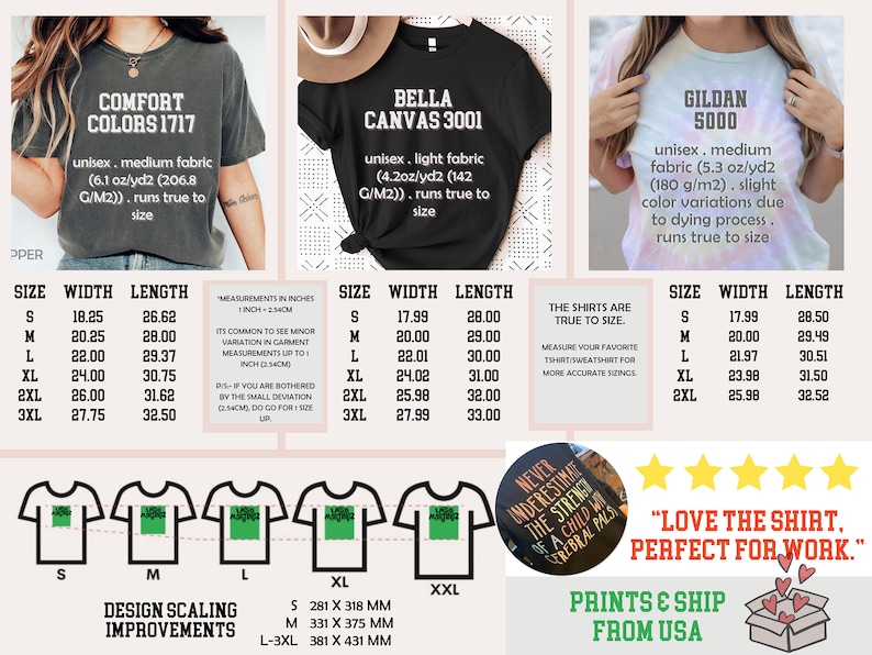 May include: A chart showing the size, width, and length measurements in inches for t-shirts from three different brands: Comfort Colors, Bella Canvas, and Gildan. The chart also includes information about the fabric weight and fit of each brand.