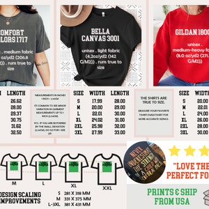 May include: A size chart for three different types of t-shirts: Comfort Colors 1717, Bella Canvas 3001, and Gildan 18000. The chart shows the width and length measurements in inches for each size, from small to 3XL. The shirts are described as unisex and made of different fabric weights. The chart also includes a note about the shirts running true to size.