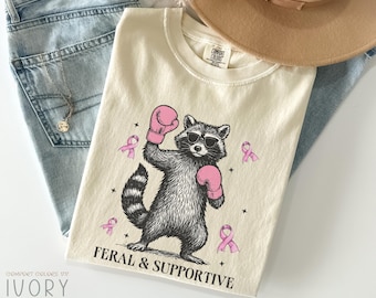 Comfort Colors® Breast Cancer Support Squad Shirt, Feral and Fighter Funny Raccoon Breast Cancer Awareness T Shirt, Vintage Pink Ribbon Tee