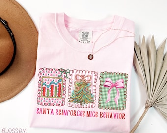 May include: A pale pink Comfort Colors t-shirt featuring the text "SANTA REINFORCES NICE BEHAVIOR." The graphic includes a chart, a Christmas tree, and a pink bow. A gold necklace is draped across the shirt. The shirt is folded on a white surface.
