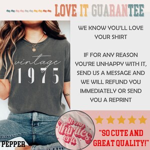May include: A gray t-shirt with the text "vintage 1975" printed in white. The shirt is being modeled by a person wearing blue jeans. The image also includes a close-up of a white t-shirt with pink text that says "in my thirties era". The image includes a five-star rating and the text "SO CUTE AND GREAT QUALITY!"