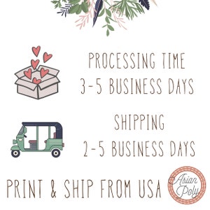 May include: Illustration of a box with hearts coming out of it, a green auto rickshaw, and the text "PROCESSING TIME 3-5 BUSINESS DAYS SHIPPING 2-5 BUSINESS DAYS PRINT & SHIP FROM USA Asian Poly".