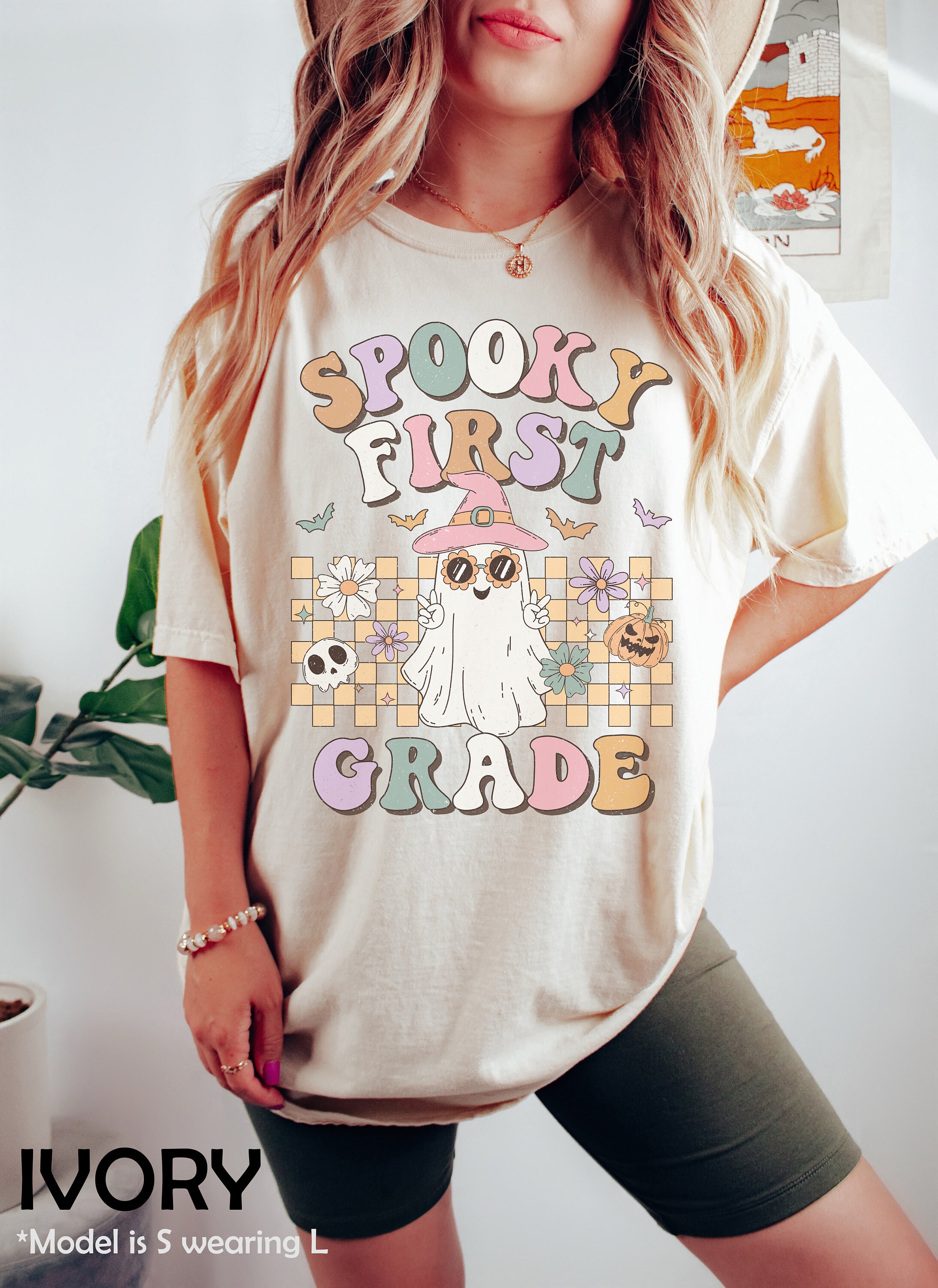 Discover Retro First Grade Teacher Halloween Shirt, Funny Fall 1st Grade Teacher Shirts, Ghost Halloween Kindergarten Teacher Tee, Preschool Teacher
