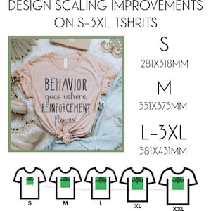 May include: A peach-colored t-shirt with the text "BEHAVIOR goes where REINFORCEMENT flows" is displayed. The image also shows size scaling information for S-3XL t-shirts, with measurements in millimeters for each size.