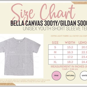 May include: Size chart for Bella Canvas 3001Y/ Gildan 5000B unisex youth short sleeve tee. The chart shows measurements in inches for width and length for sizes S, M, L, and XL. The fabric is extra light, 4.2 oz/yd&sup2; (142 g/m&sup2;). The chart also shows the color options: pink, natural, and white.