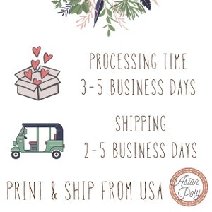May include: Illustration of a box with hearts coming out of it and a green auto rickshaw. Text reads: PROCESSING TIME 3-5 BUSINESS DAYS SHIPPING 2-5 BUSINESS DAYS PRINT & SHIP FROM USA Asian Poly