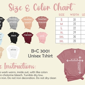Pode incluir: Tabela de tamanhos e cores para uma camiseta unissex. A tabela mostra diferentes cores de camisetas, incluindo cinza escuro mesclado, mesclado atl&eacute;tico, p&ecirc;ssego mesclado, malva mesclado, preto, vinho, rosa, creme suave e branco. A tabela tamb&eacute;m mostra o tamanho, a largura e o comprimento da camiseta em polegadas. A camiseta &eacute; feita por B+C 3001. As instru&ccedil;&otilde;es de cuidado s&atilde;o inclu&iacute;das: lavar na m&aacute;quina com &aacute;gua morna, do avesso, com cores semelhantes. Apenas alvejante sem cloro. Secar na m&aacute;quina em temperatura baixa. Passar a ferro em temperatura m&eacute;dia. N&atilde;o passar a ferro a decora&ccedil;&atilde;o. N&atilde;o limpar a seco.