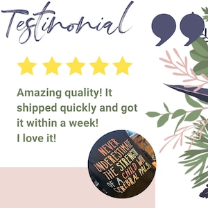 May include: Five yellow stars and a testimonial quote in a white box with a green background. The quote reads: "Amazing quality! It shipped quickly and got it within a week! I love it!"  A black t-shirt with the text "NEVER UNDERESTIMATE THE STRENGTH OF A CHILD WITH CEREBRAL PALS" in colorful letters is shown in a circle.