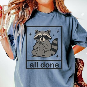 May include: A blue t-shirt featuring a cartoon raccoon inside a black square with the text "all done". The raccoon is gray and white with a black mask and striped tail. Four small stars surround the square.
