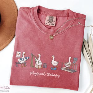May include: Crimson Comfort Colors t-shirt with a graphic of geese performing physical therapy exercises. The phrase "physical therapy" is written in cursive below the geese. A gold necklace with a pendant is on the shirt.
