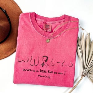 Può includere: Una t-shirt rosa a maniche corte con una grafica nera raffigurante quattro seni, un nastro rosa e il testo "cancer is a bitch, but so am I" seguito da "#teamEmily". La maglietta presenta un girocollo e un'etichetta Comfort Colors sul colletto.