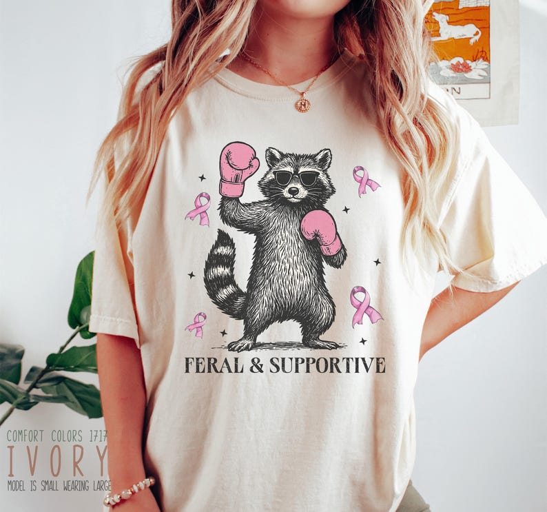 Supportive Racoon Breast Cancer Awareness PNG Png, Feral and Fighter Png, Funny Raccoon ...