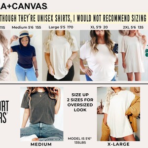 May include: A size chart for unisex t-shirts with different sizes and measurements. The chart includes the height and weight of the model wearing the shirt. The text on the chart says "Even though they're unisex shirts, I would not recommend sizing down."