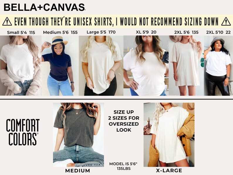 May include: A size chart for unisex t-shirts with different sizes and measurements. The chart includes the height and weight of the model wearing the shirt. The text on the chart says "Even though they're unisex shirts, I would not recommend sizing down."