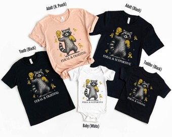 Childhood Cancer Support Squad Shirt, Feral and Fighter Funny Raccoon Kid Cancer Awareness T Shirt, Yellow Ribbon Shirt, Matching Family Tee