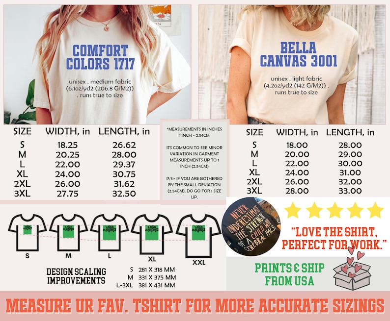 Pode incluir: Duas camisetas com tabelas de tamanhos e texto. Uma camiseta &eacute; rotulada como "Comfort Colors 1717" e a outra como "Bella Canvas 3001". As tabelas mostram as medidas em cm para v&aacute;rios tamanhos, do pequeno ao 3XL. O texto adicional inclui "Me&ccedil;a sua camiseta favorita para tamanhos mais precisos."