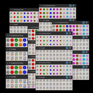 May include: A collection of diagrams showing conduit end views, labeled with sizes from 1/2 inch to 6 inches. Each diagram features colored circles and symbols, with text labels such as "GRC" and "PVC". The diagrams are arranged on a black background.