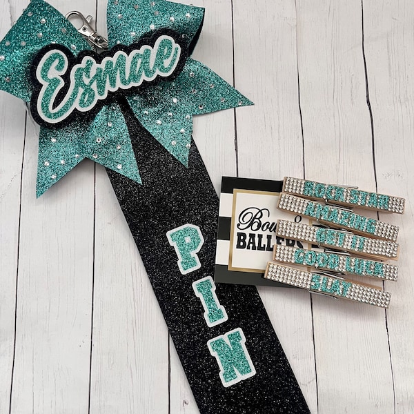 Jade Pin Me Ribbon with Rhinestones Pin Me Bow Cheer Pins Cheer Bow Bag Tag Cheer Clothes Pins Competition Cheer Ribbon Custom Cheer Gift