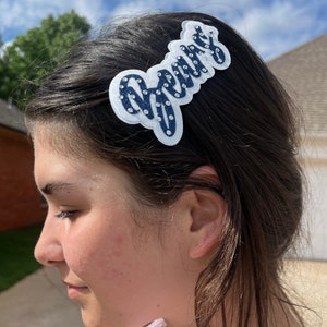 Team Name Clip great for Drill Team Band Color Guard Baton Twirler Hair Piece Custom School Hair Piece Mascot Hair Clip Cheerleader Hair Due