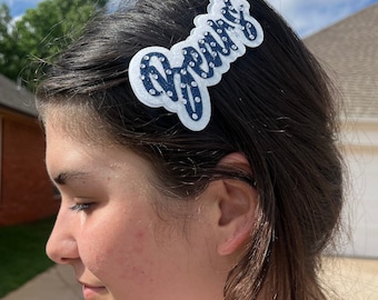 Team Name Clip great for Drill Team Band Color Guard Baton Twirler Hair Piece Custom School Hair Piece Mascot Hair Clip Cheerleader Hair Due