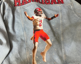 Custom Football Mom Jacket  with Player Photo Jean Jacket Glitter Name Jacket Senior Night Gift Game Day Apparel Personalized Denim Jacket