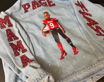 Mom Jacket  with Player Photo Jean Jacket Glitter Name Jacket Senior Night Gift Game Day Apparel Personalized Denim Jacket