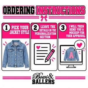 May include: An infographic titled ORDERING INSTRUCTIONS with three steps. Step 1 shows a blue denim jacket. Step 2 shows a document with a heart and pencil. Step 3 shows a computer monitor displaying a jacket with a letter A and a heart speech bubble.