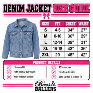 May include: A light blue denim jacket displayed next to a size guide chart. The chart lists sizes S through 2XL with corresponding fit, chest, and waist measurements in inches. Product details include 95% cotton, relaxed fit, and non-stretch denim.