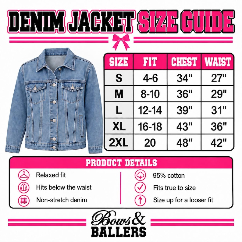 May include: A light blue denim jacket displayed next to a size guide chart. The chart lists sizes S through 2XL with corresponding fit, chest, and waist measurements in inches. Product details include 95% cotton, relaxed fit, and non-stretch denim.
