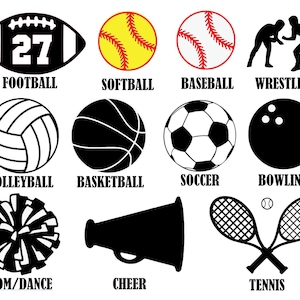 May include: A collection of black and white sports-themed illustrations, including a football with the number 27, a softball, a baseball, and wrestling figures. Other sports include volleyball, basketball, soccer, bowling, pom/dance, cheer, and tennis.