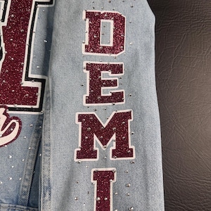 May include: A light blue denim jacket sleeve featuring the name DEMI in large, vertical, maroon glitter letters with white outlines. Above the name is a maroon glitter megaphone graphic with the text 2030. Small clear rhinestones are scattered.