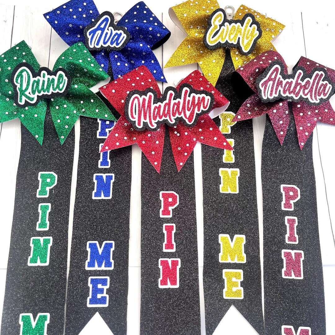 Pin Me Ribbon With Rhinestones Pin Me Bow Cheer Pins Cheer Bow Bag Tag