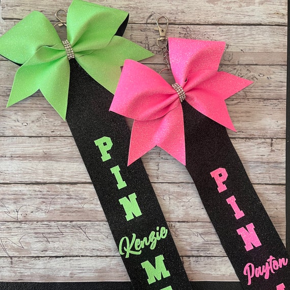 Pin Me Bow in Neon Cheer Pin Me Bag Tag Pin Me Ribbons Cheer Team