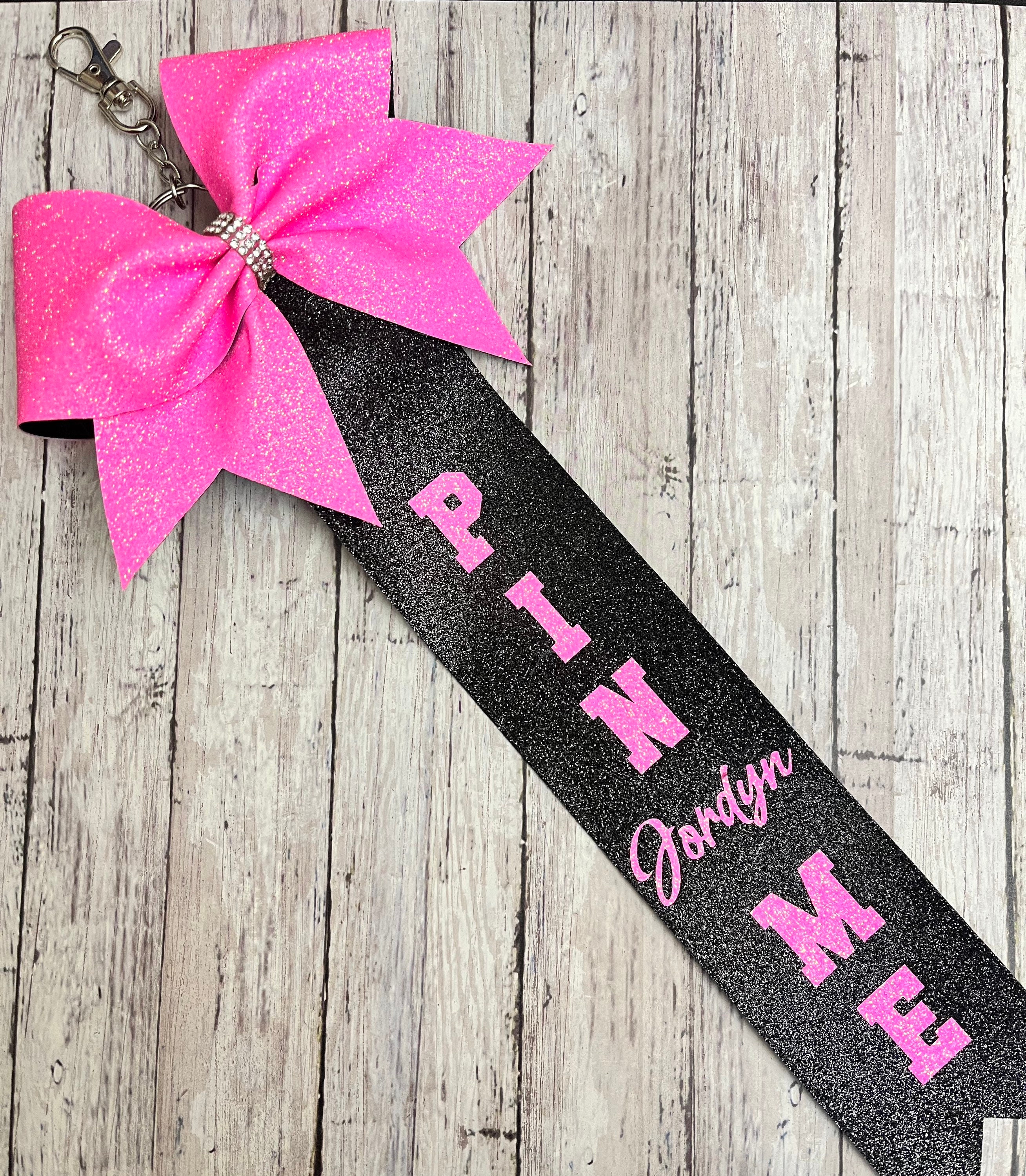 1 Pin Me Ribbon Competition Cheer Pin Me Glitter Pin Me Ribbon Name Will Be  in a Handwritten Script Font 