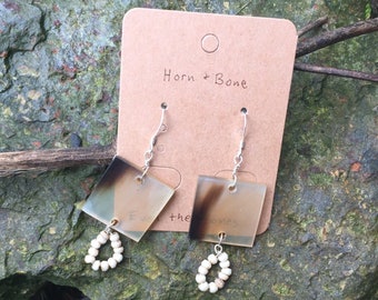 Horn and Bone Sterling Silver Earrings, Natural Bone Earrings, Square Horn Earrings, Sterling Silver Earrings, Vulture Culture Earrings
