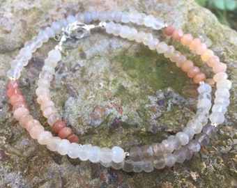 Moonstone Ombre Double Wrap Bracelet, Moonstone Wrap Bracelet, Sterling Silver Bracelet, Multi Moonstone Bracelet, Peach Moonstone Bracelet