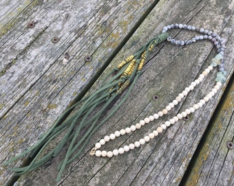 Clearance * Long Green Tassel Necklace, Suede Tassel Necklace, Gray Leopard Jasper Necklace, Prehnite Necklace, Tassel Necklace