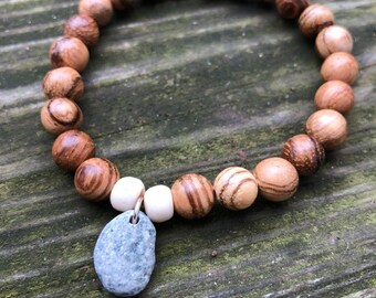 Ocean Pebble Bracelet, Sandalwood Bracelet, River Stone Pendant Bracelet, Wood Stretch Bracelet, Bone Stretch Bracelet, Stone Charm