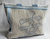 Sashiko Stitch Quilted Tote bag, Japanese style bag, French stripe tote bag