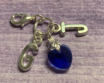 Something Blue Crystal Heart, Clip on Blue Heart and Initial Charm, Brides Good Luck Charm, Bouquet Charm, Garter Charm