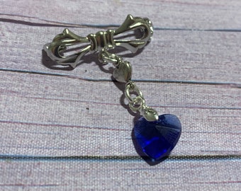 Something Blue Crystal Heart, Blue Heart Charm Brooch, Brides Good Luck Charm. Bow Brooch