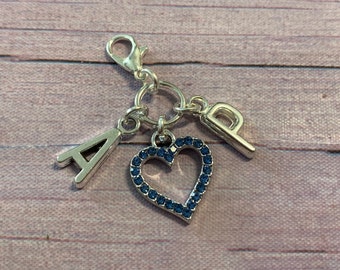 Something Blue Crystal Heart, Clip on Blue Heart and Initial Charm, Brides Good Luck Charm, Bouquet Charm, Garter Charm